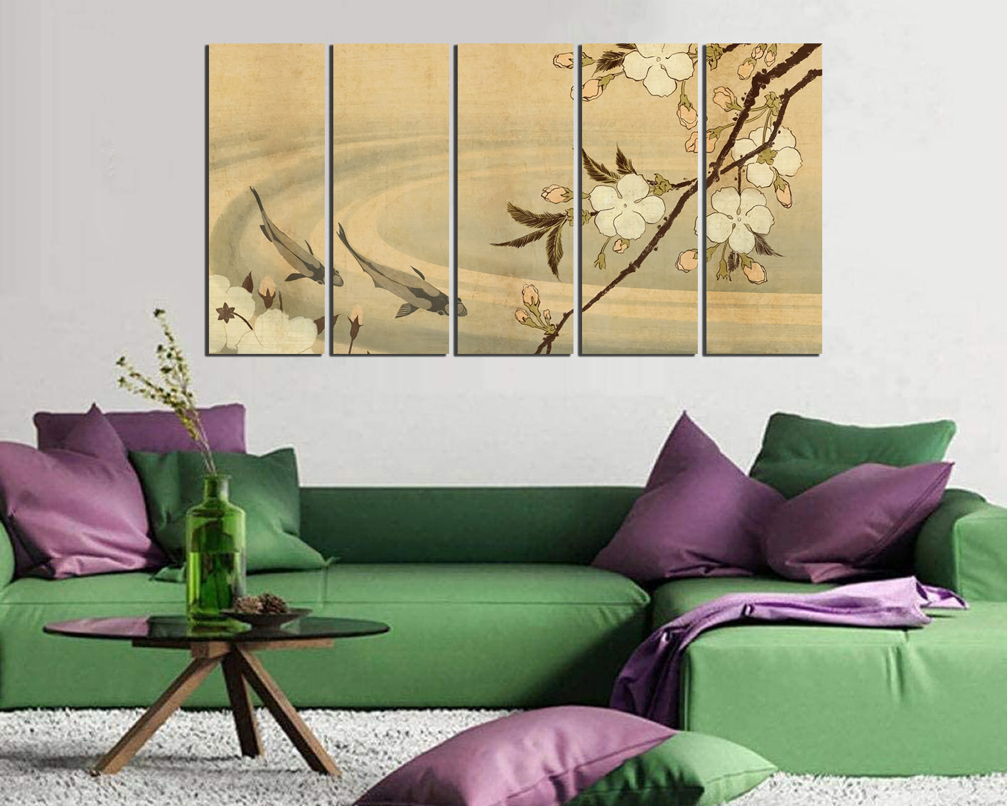 Japanese koi fish canvas prints Flower wall décor Cherry blossom art works