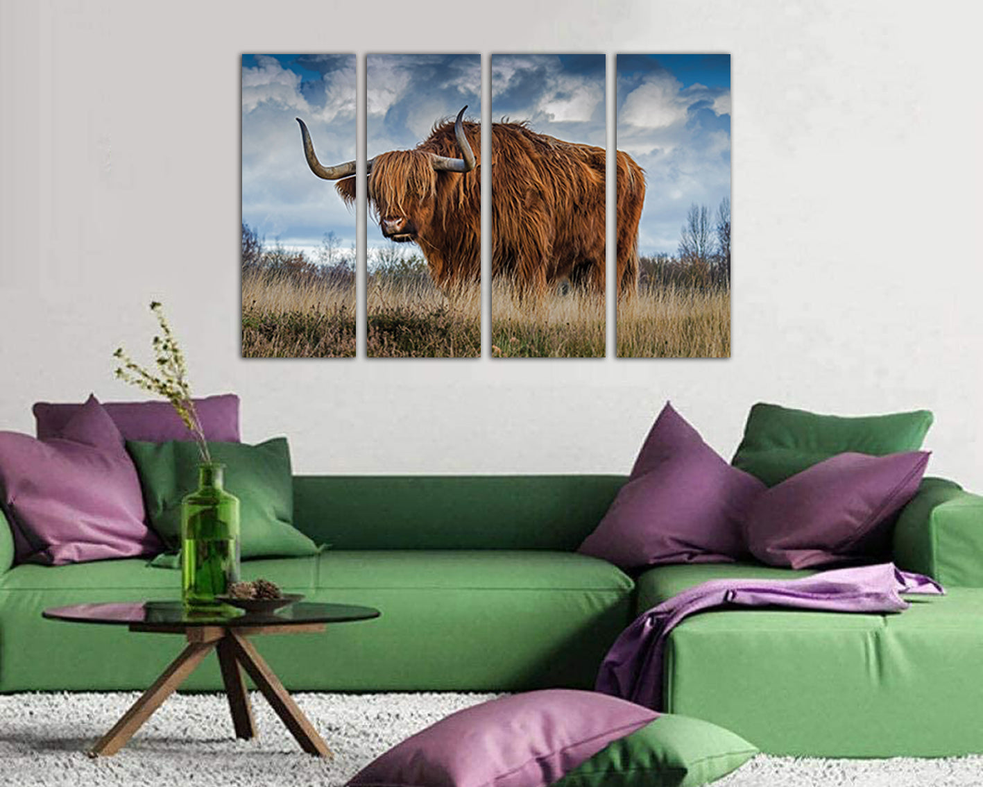 Art prints Highland cow canvas Shaggy cow print Farm animal decor Pastures art Field photo