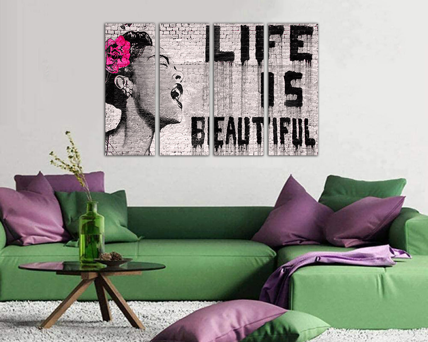 Life is beautiful Wall art canvas Woman décor Mural prints Graffiti artwork Girl mouth