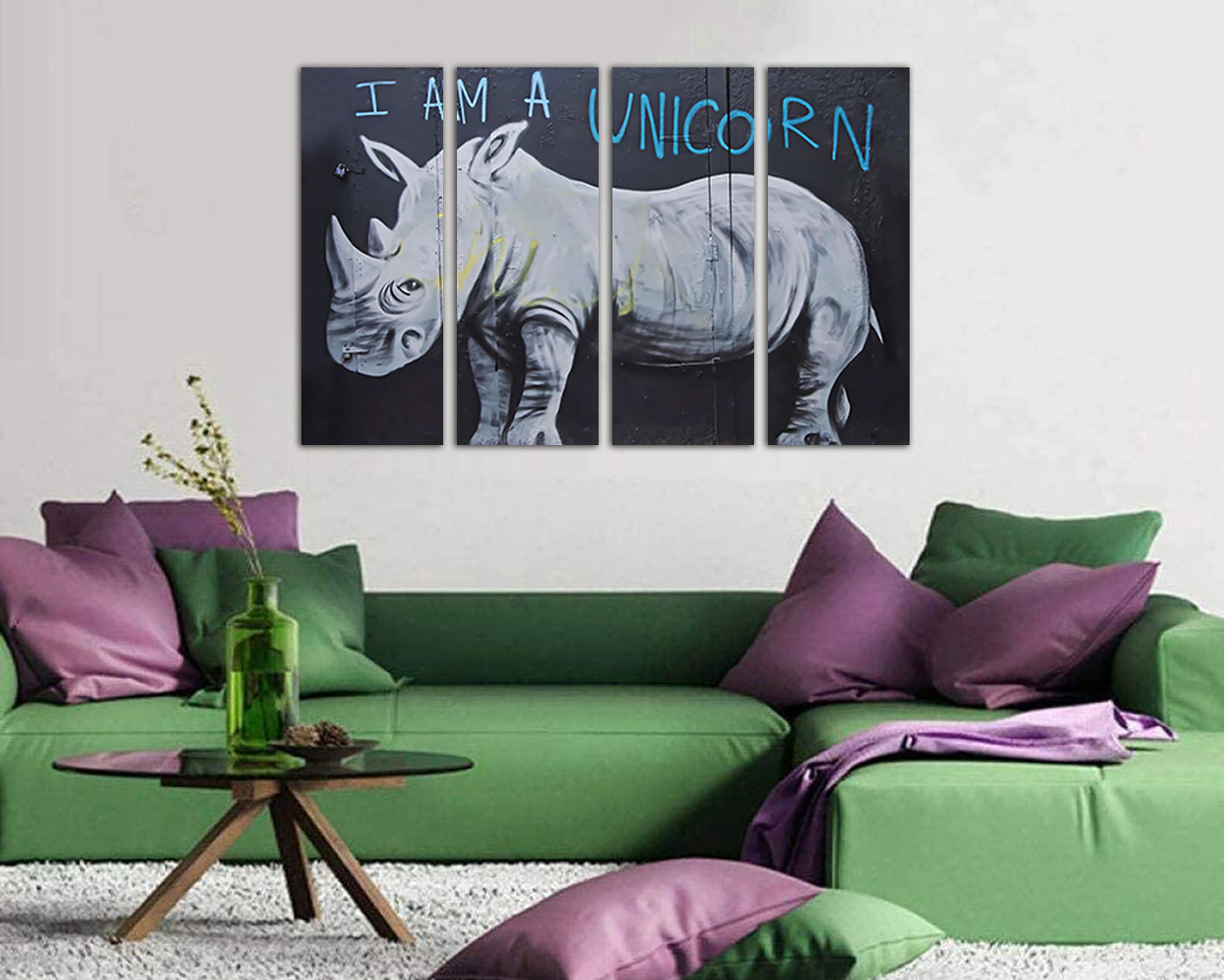 I am a unicorn Print on canvas Urban graffiti Rhinoceros wall art Wildlife decor Mural artwor Rhino Ready to hang