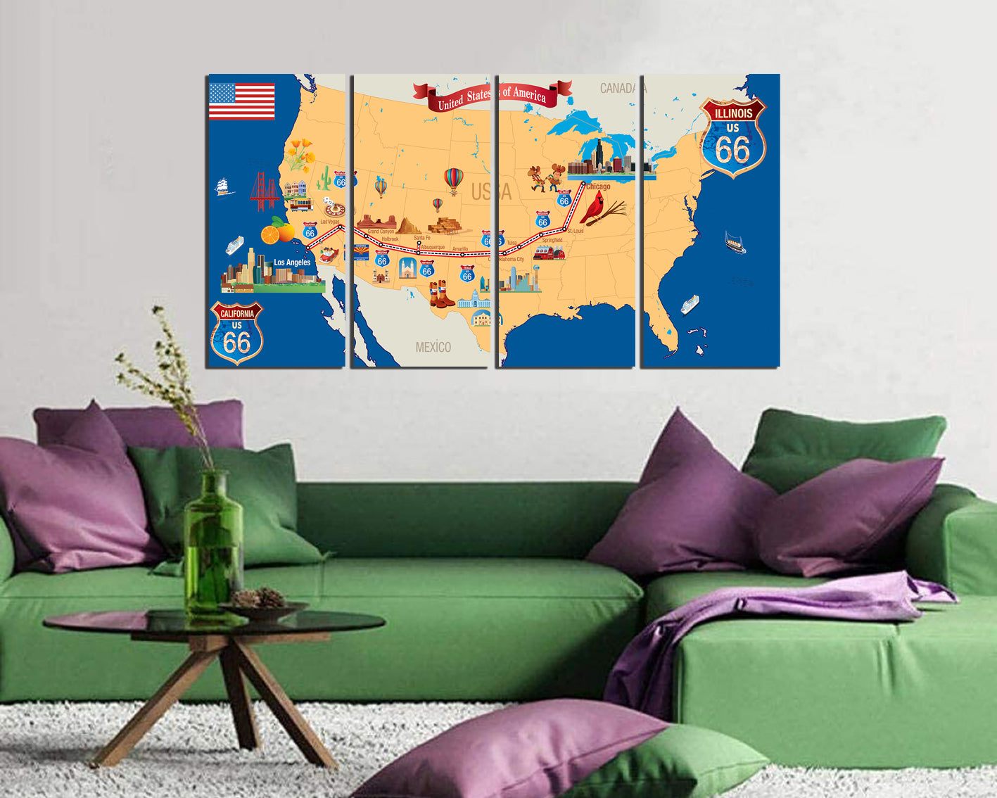 Route 66 map canvas American map picture Route 66 sign ready to hang