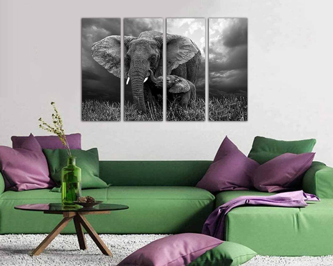 Elephants Mother and baby canvas Animal decor Black and white