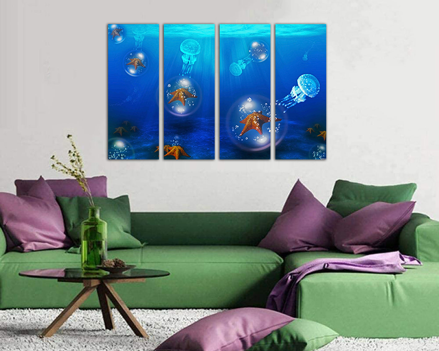 Jellyfish print on canvas Fish decor Sea star print Ocean animals home art Diving gift Coral life artwork