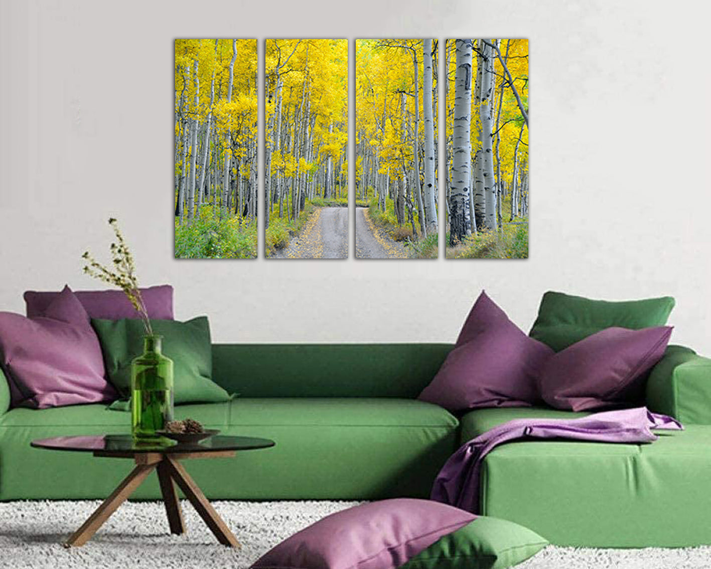 Birch canvas Aspens tree Yellow wall art Road decor Nature photo White birch ready to hang