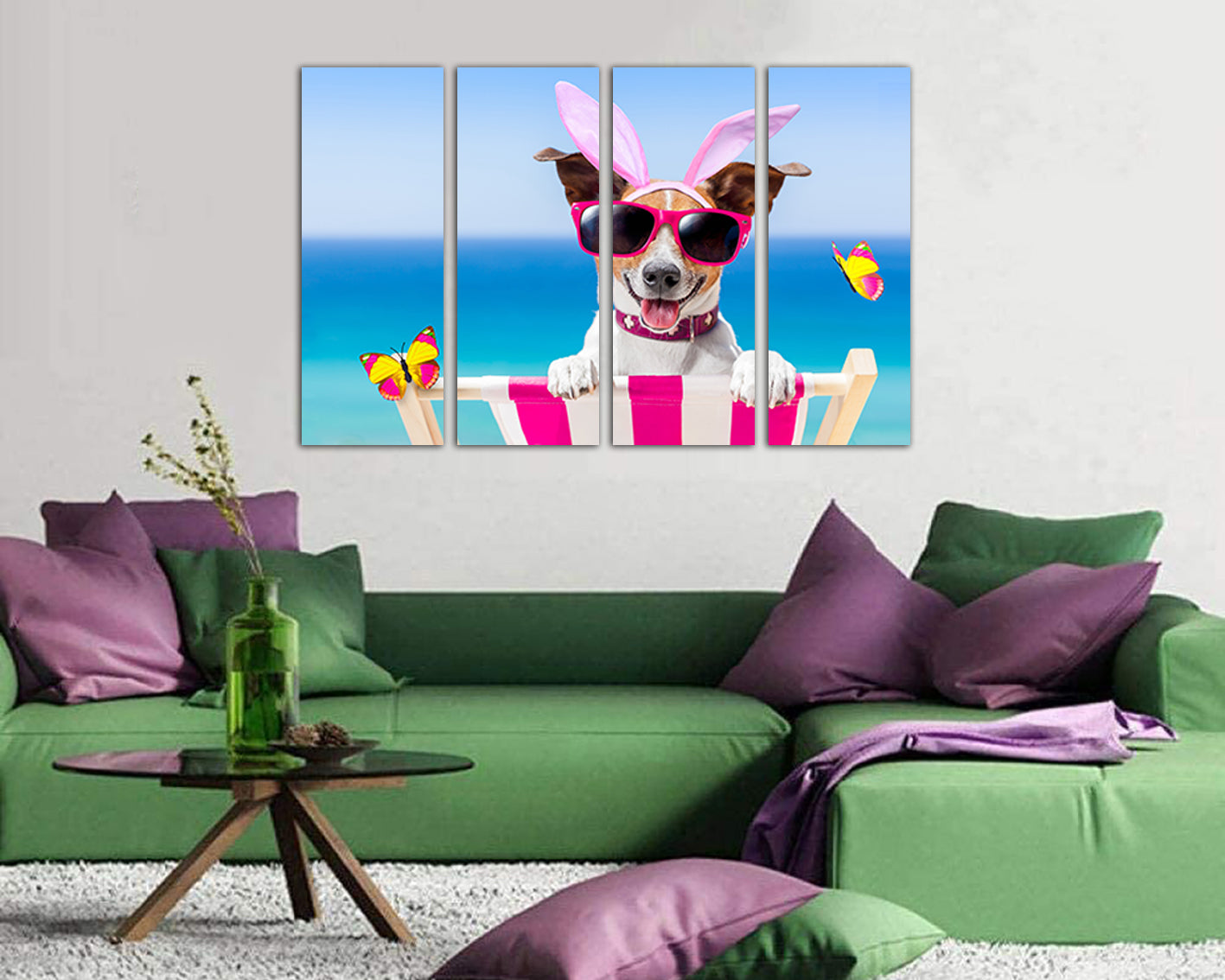 Dog on beach with glasses Wall art canvas Nursery decor Baby print Wearing glass