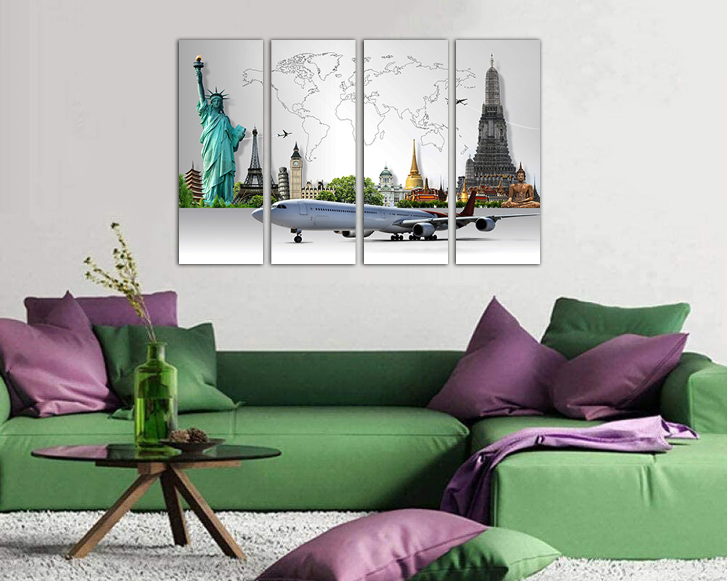 Map of travel by plane around the world on canvas ready to hang