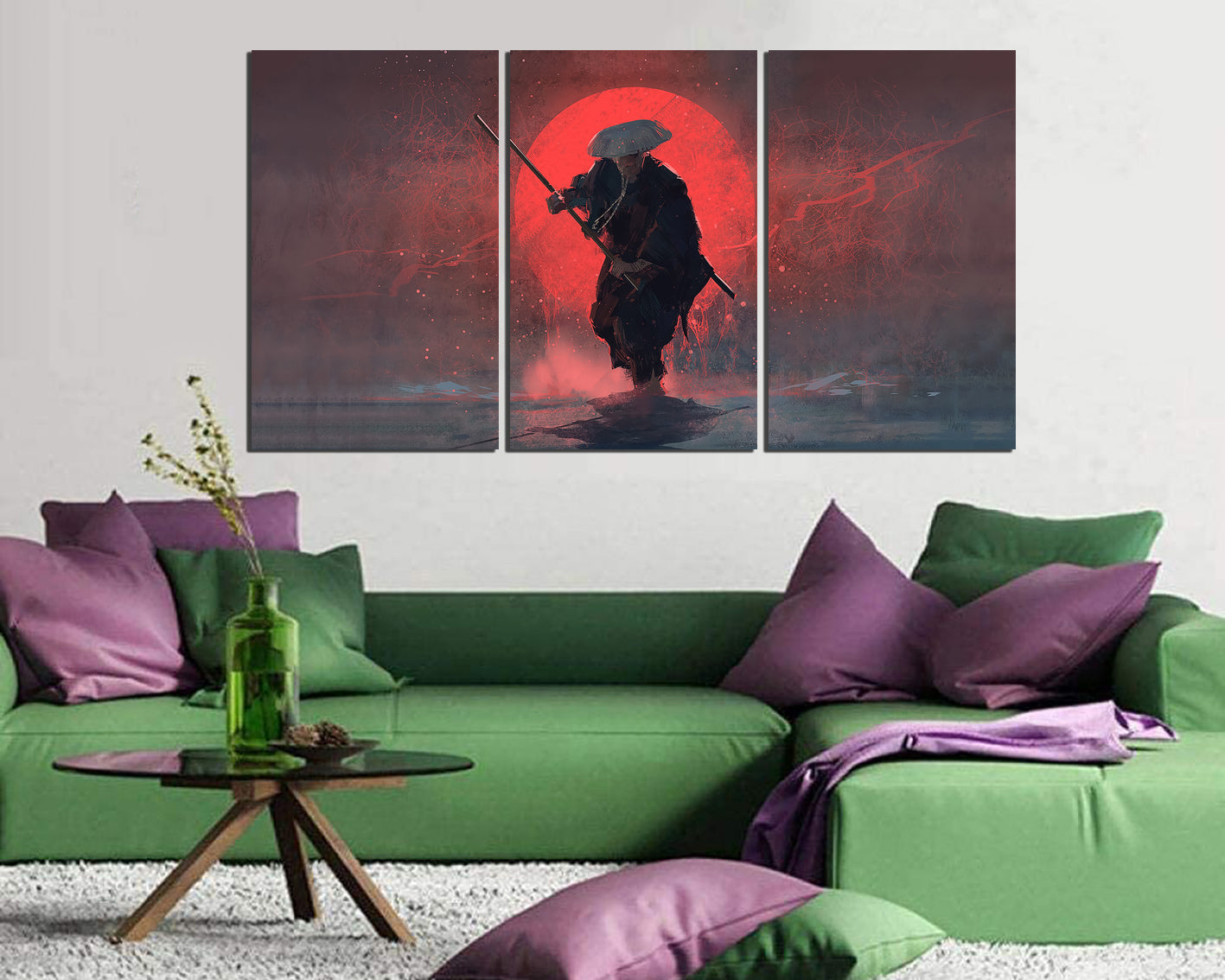 Samurai canvas Japanese art works Traditional Japan Red moon décor