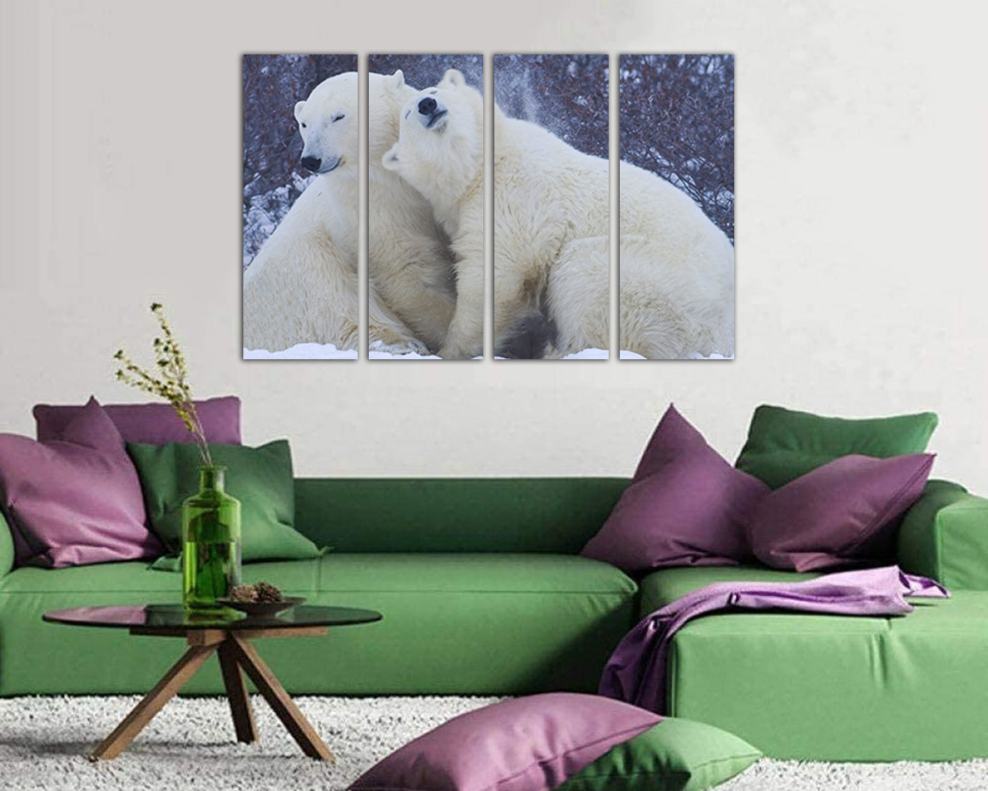 Animal print on canvas White bear hugging in the snow wall art
