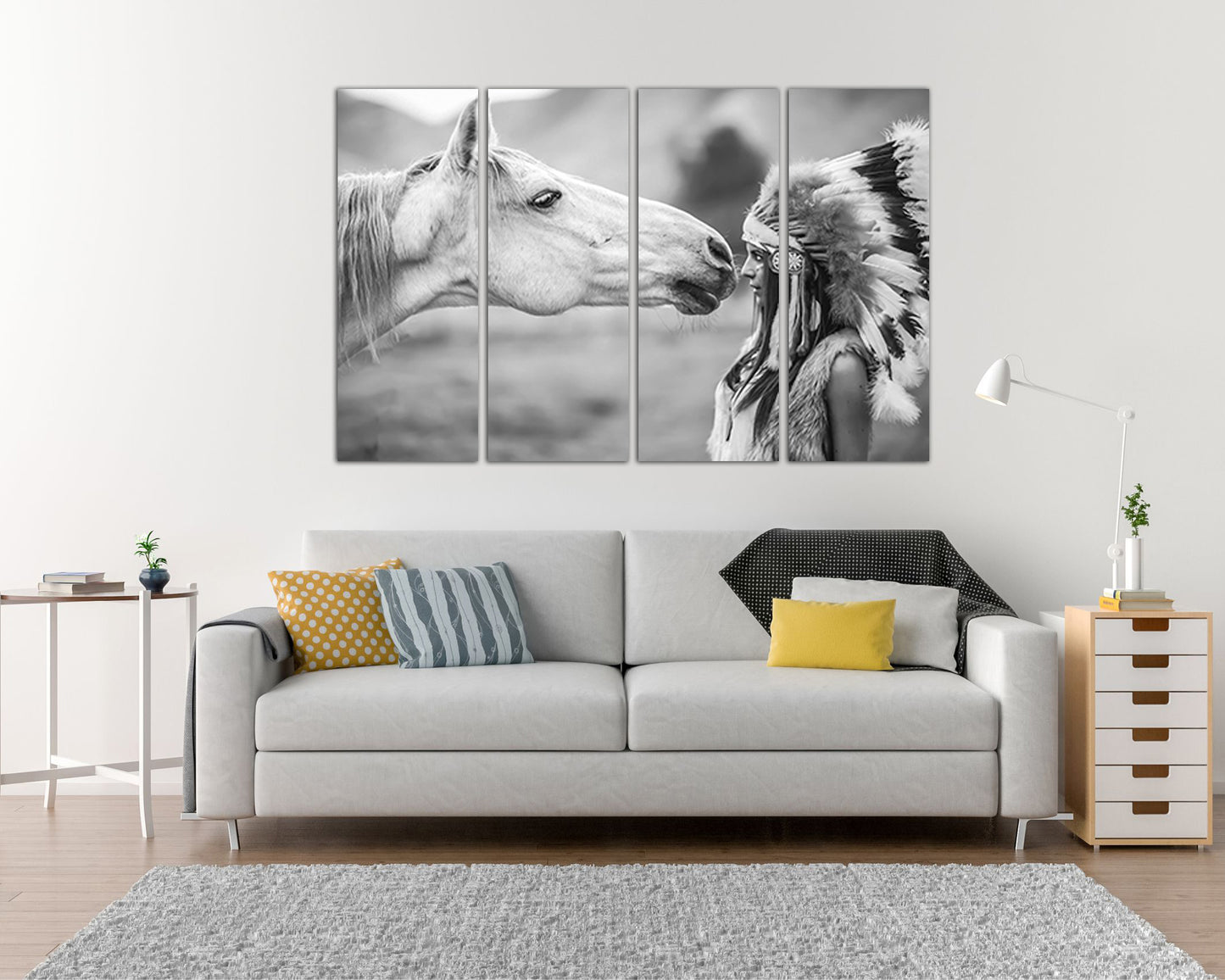 Indian girl with horse print on canvas Native American art work ready to hang