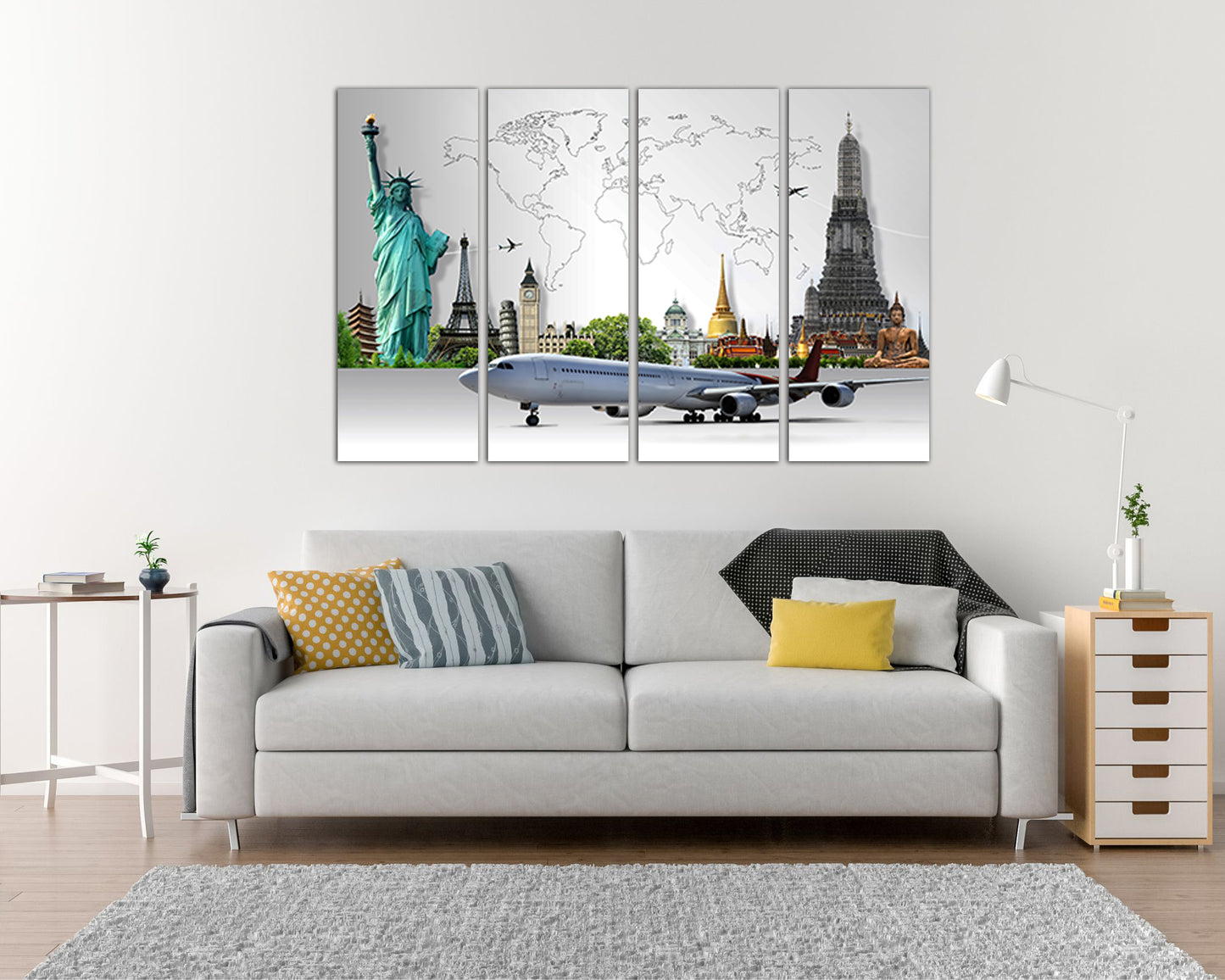 Map of travel by plane around the world on canvas ready to hang