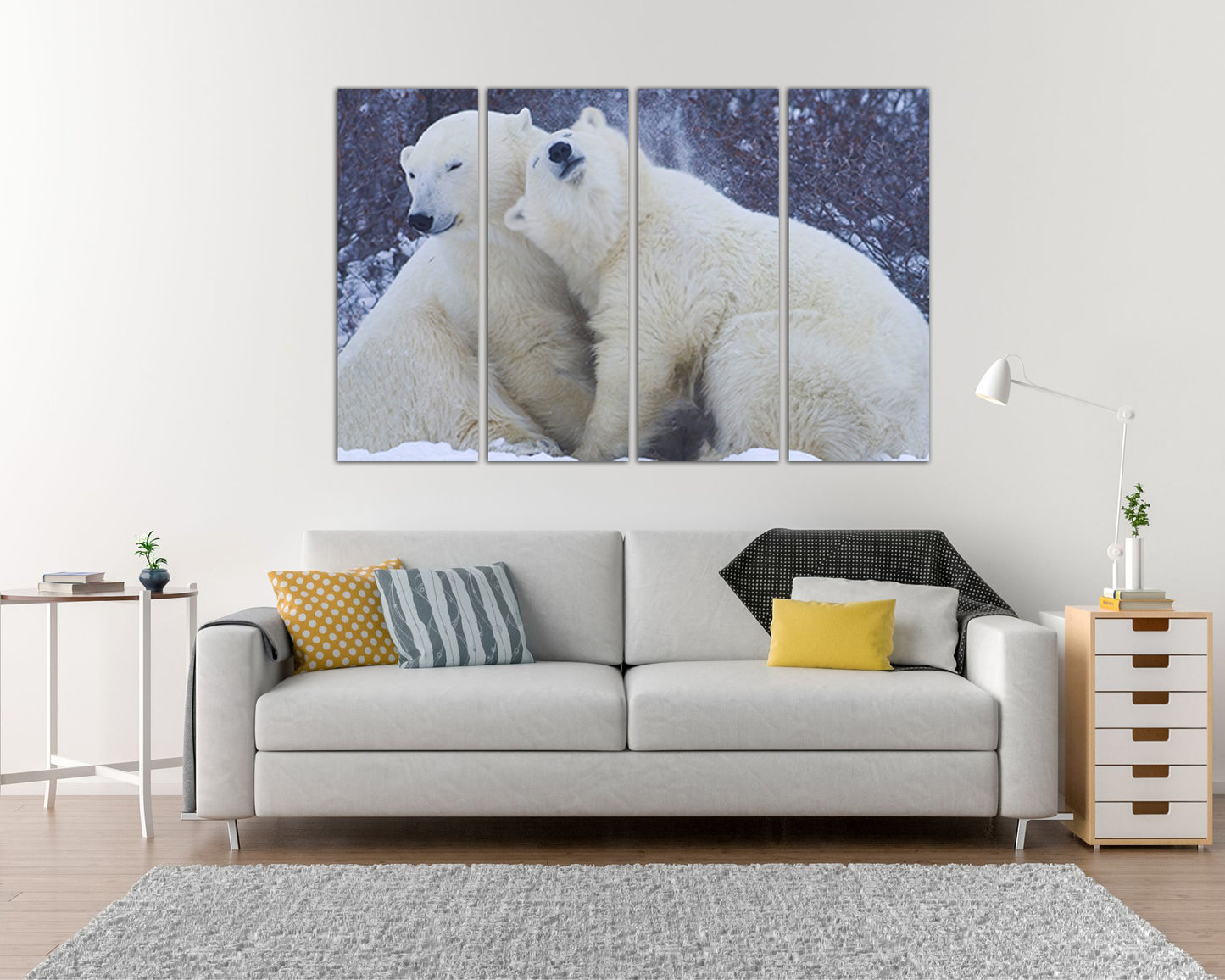 Animal print on canvas White bear hugging in the snow wall art