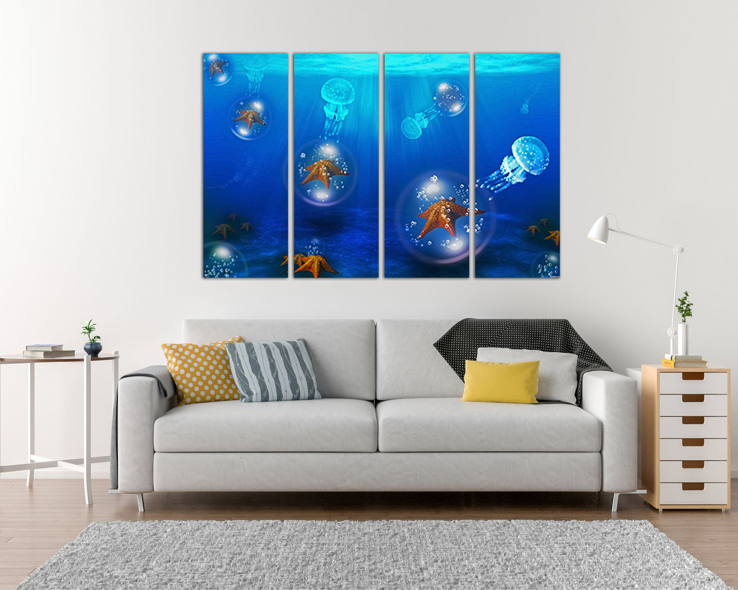 Jellyfish print on canvas Fish decor Sea star print Ocean animals home art Diving gift Coral life artwork