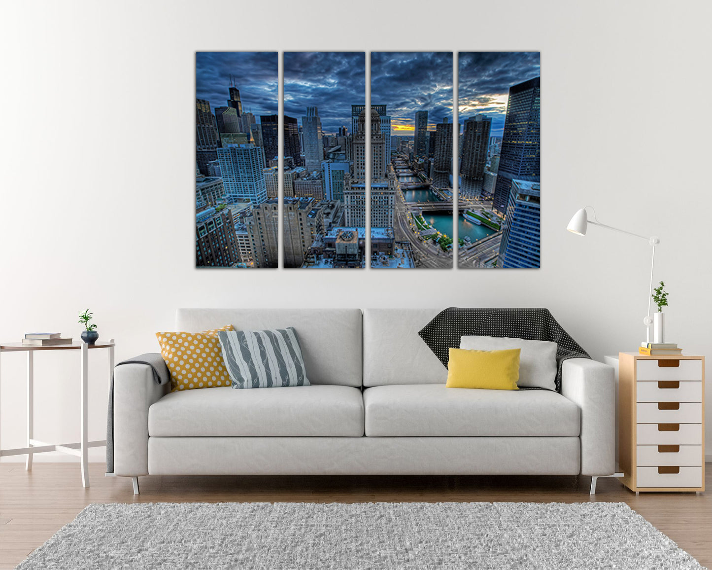 Panel wall art Chicago canvas Skyline city decor Downtown travel print