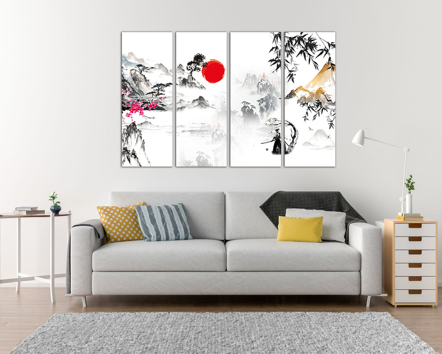Mountain Japan canvas Sakura art works Sumi e Chinese print Japanese traditional Samurai miniature Bamboo Flower gift
