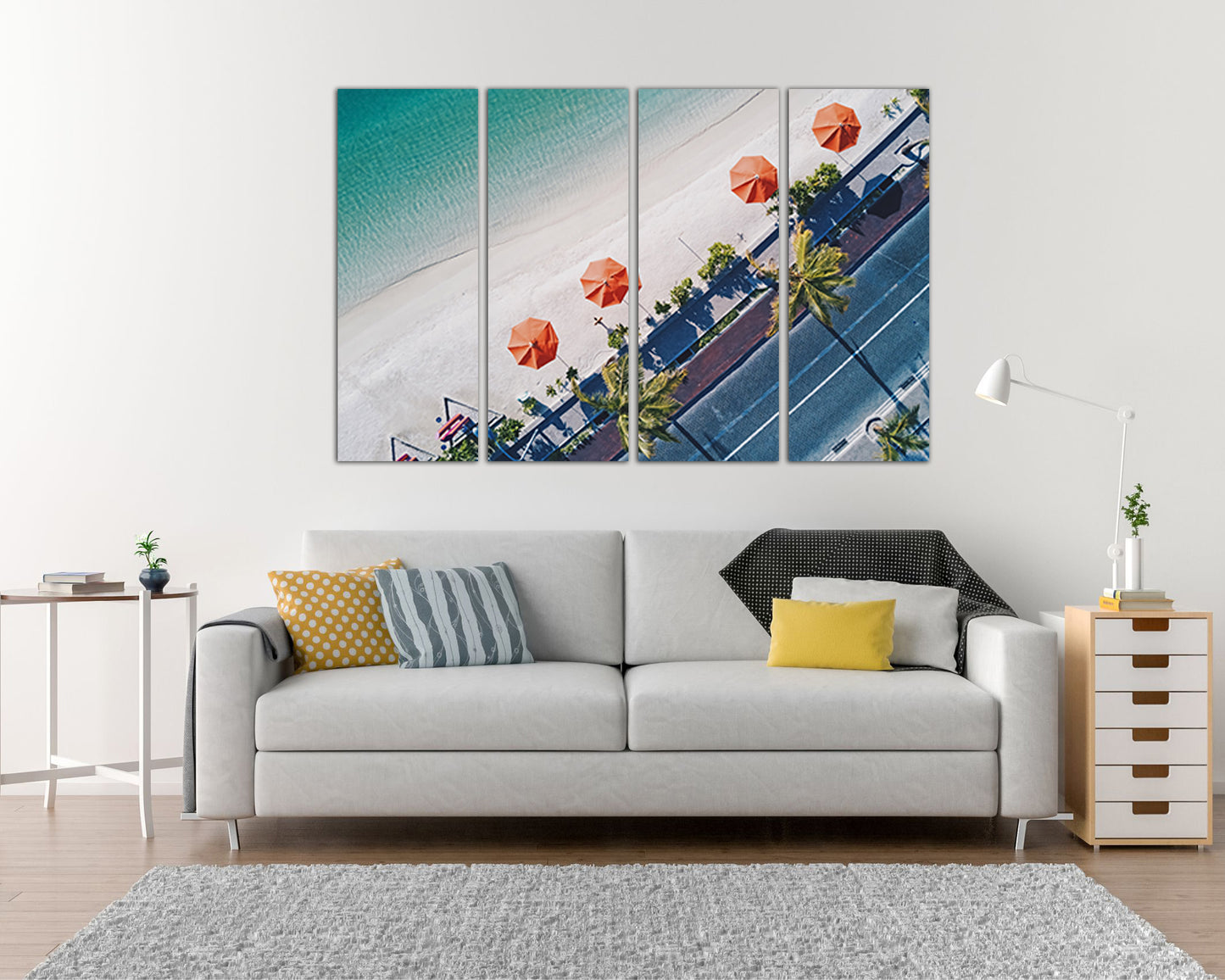 Beach umbrella canvas Landscape artwork Palm trees wall art Trees décor Nature print Waves photo