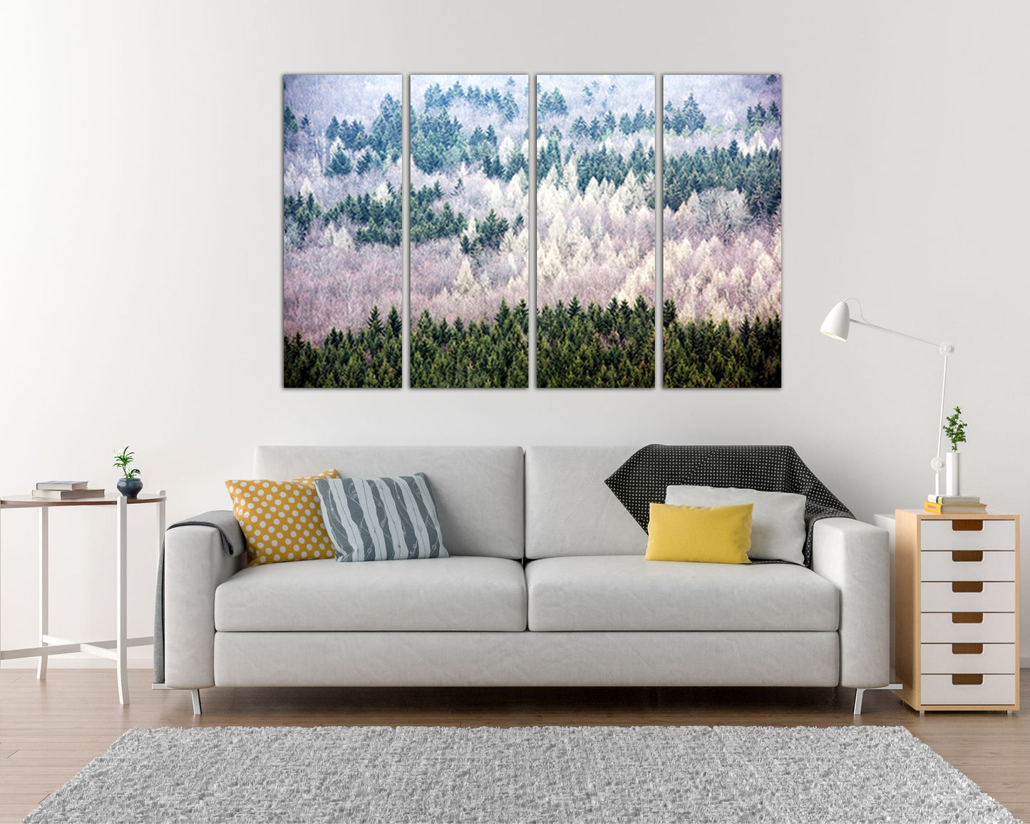 Pines forest print on canvas White green tree crown decor Landscape art Nature photo