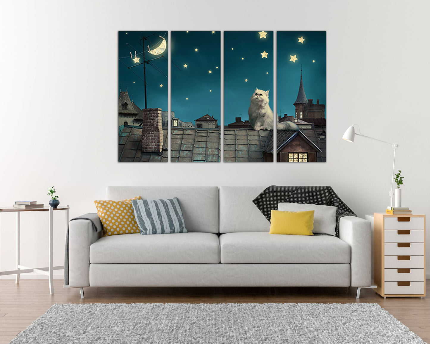Cat on the roof canvas Star sky wall decor Nursery prints Kids gift Star night artwork