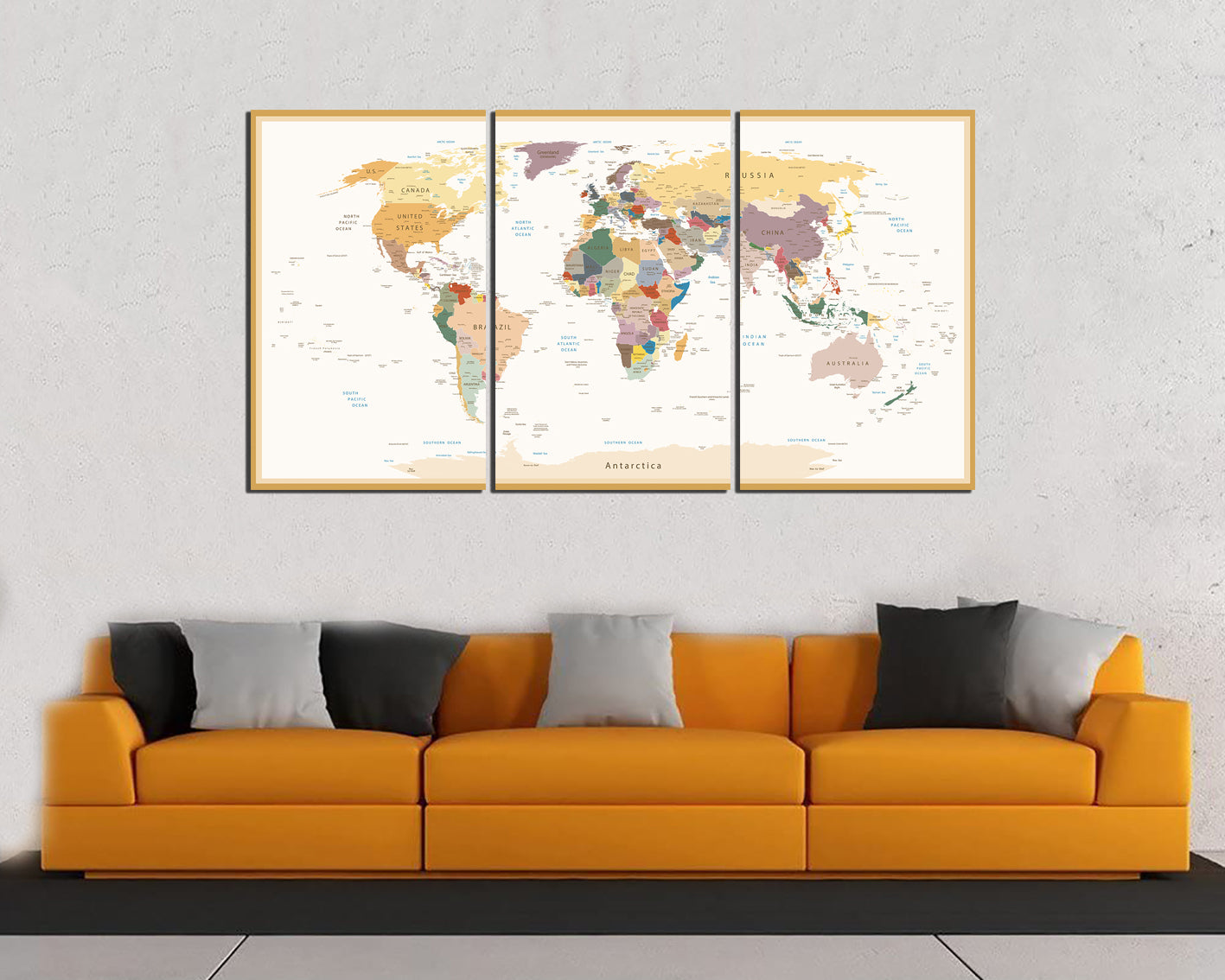 Detailed world Geographical map print on canvas Gift student decor