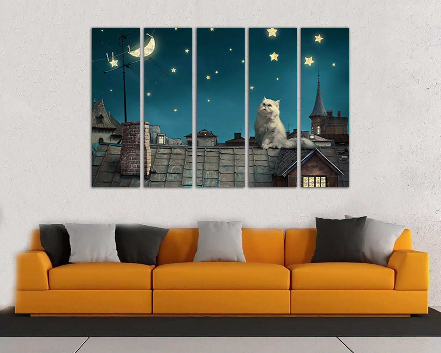 Cat on the roof canvas Star sky wall decor Nursery prints Kids gift Star night artwork