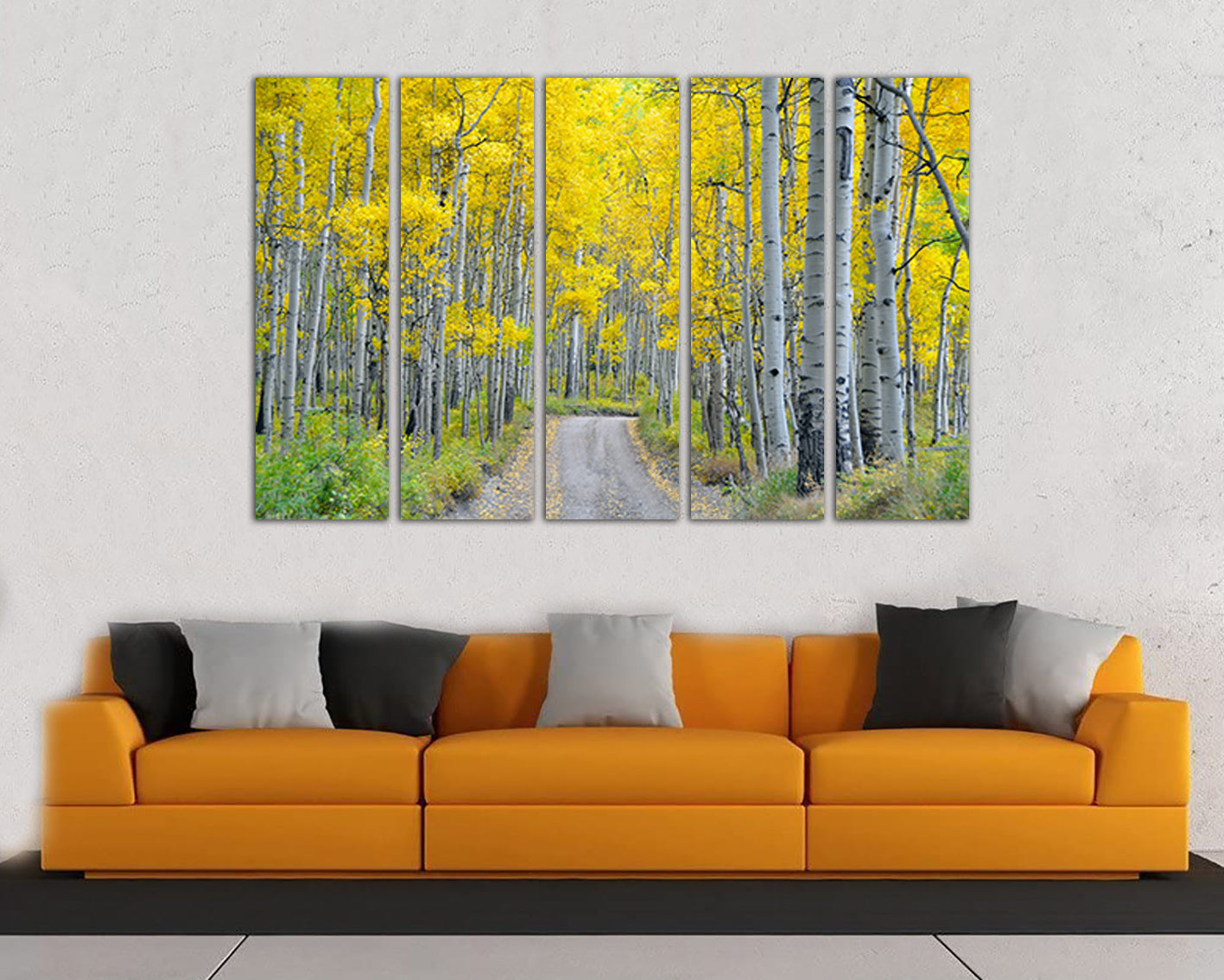 Birch canvas Aspens tree Yellow wall art Road decor Nature photo White birch ready to hang
