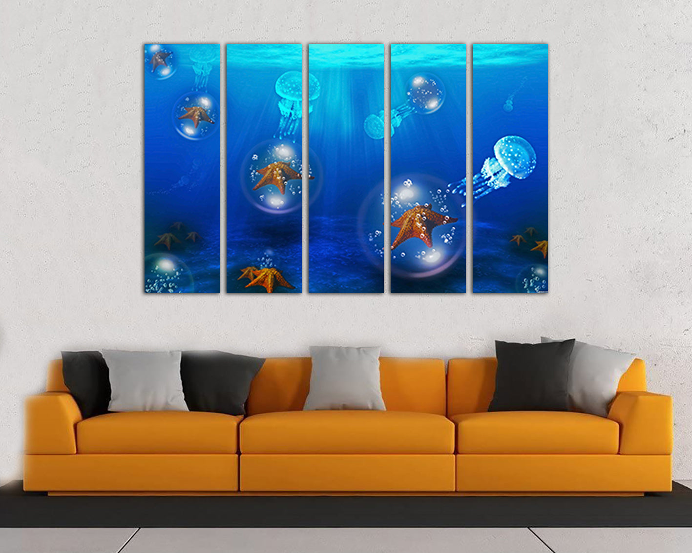 Jellyfish print on canvas Fish decor Sea star print Ocean animals home art Diving gift Coral life artwork