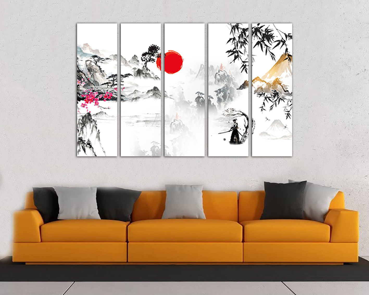 Mountain Japan canvas Sakura art works Sumi e Chinese print Japanese traditional Samurai miniature Bamboo Flower gift