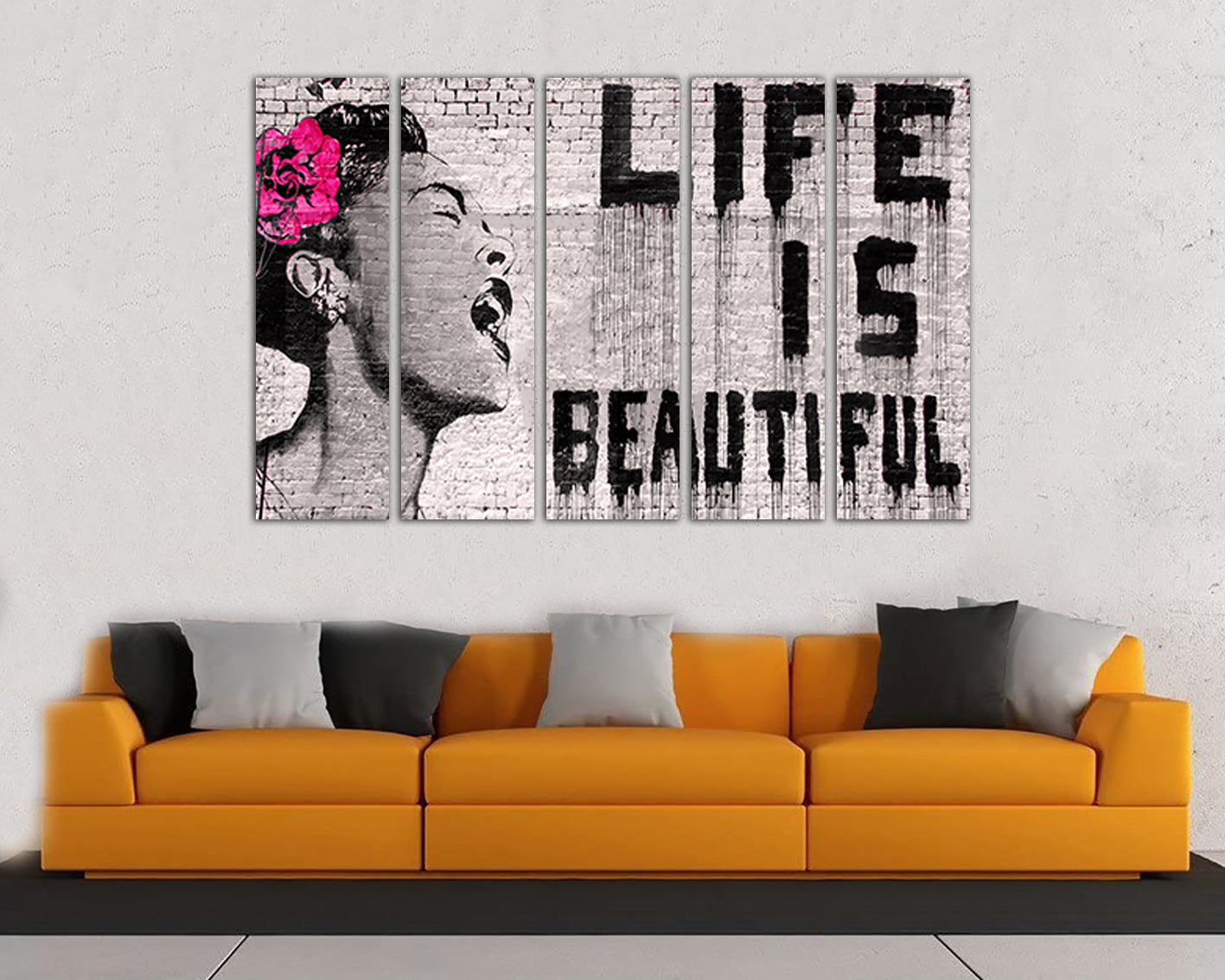 Life is beautiful Wall art canvas Woman décor Mural prints Graffiti artwork Girl mouth