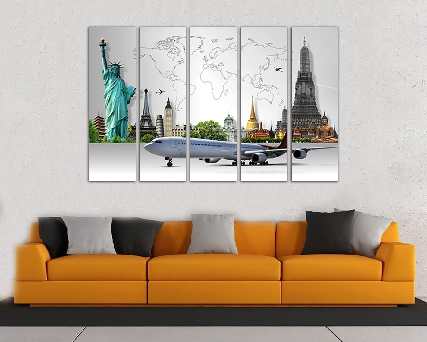 Map of travel by plane around the world on canvas ready to hang