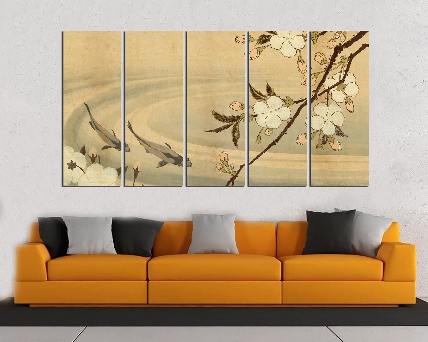 Japanese koi fish canvas prints Flower wall décor Cherry blossom art works