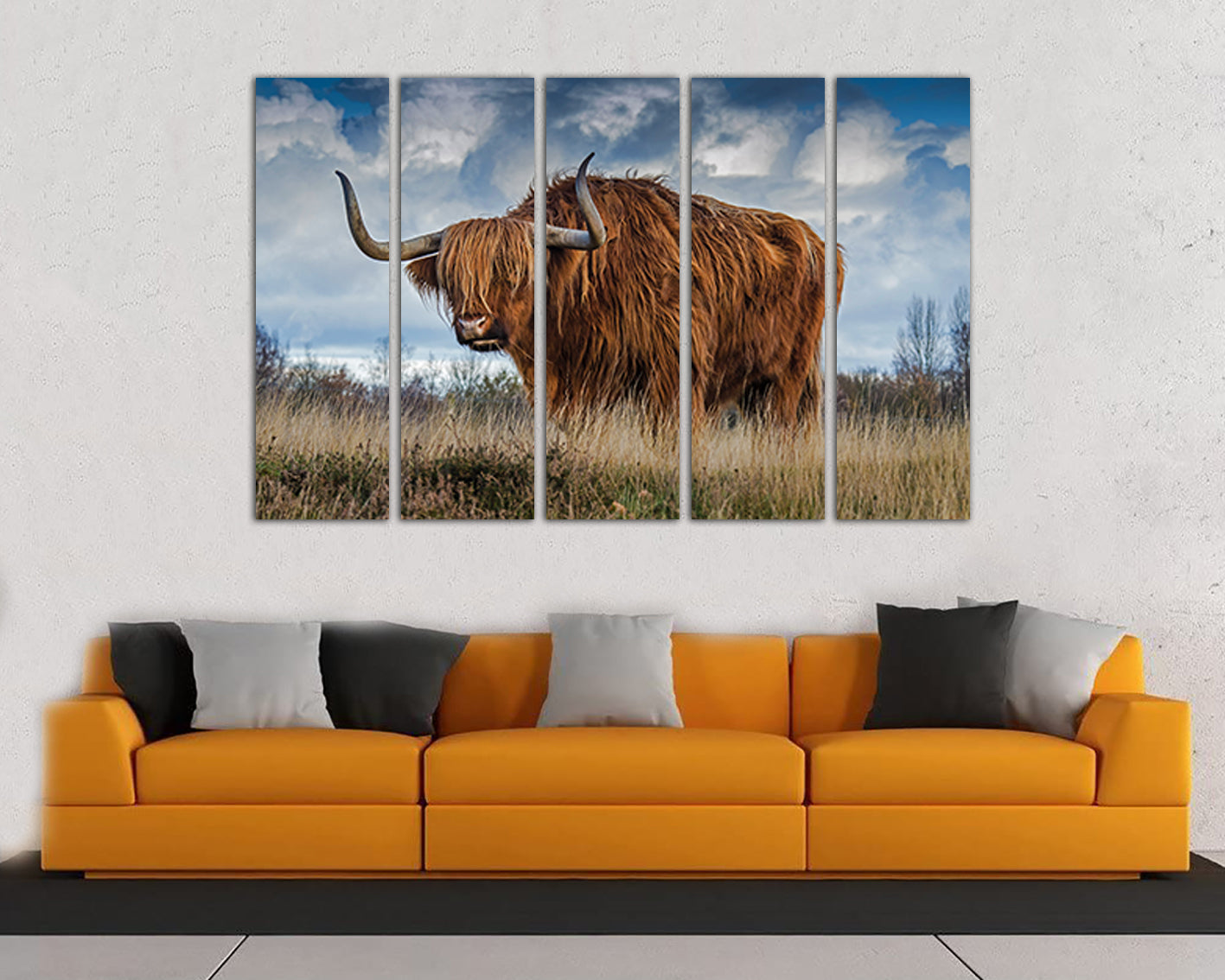 Art prints Highland cow canvas Shaggy cow print Farm animal decor Pastures art Field photo
