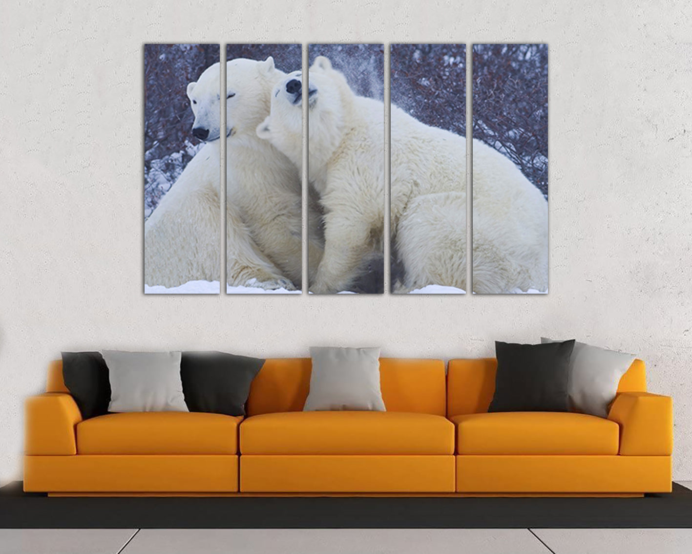 Animal print on canvas White bear hugging in the snow wall art