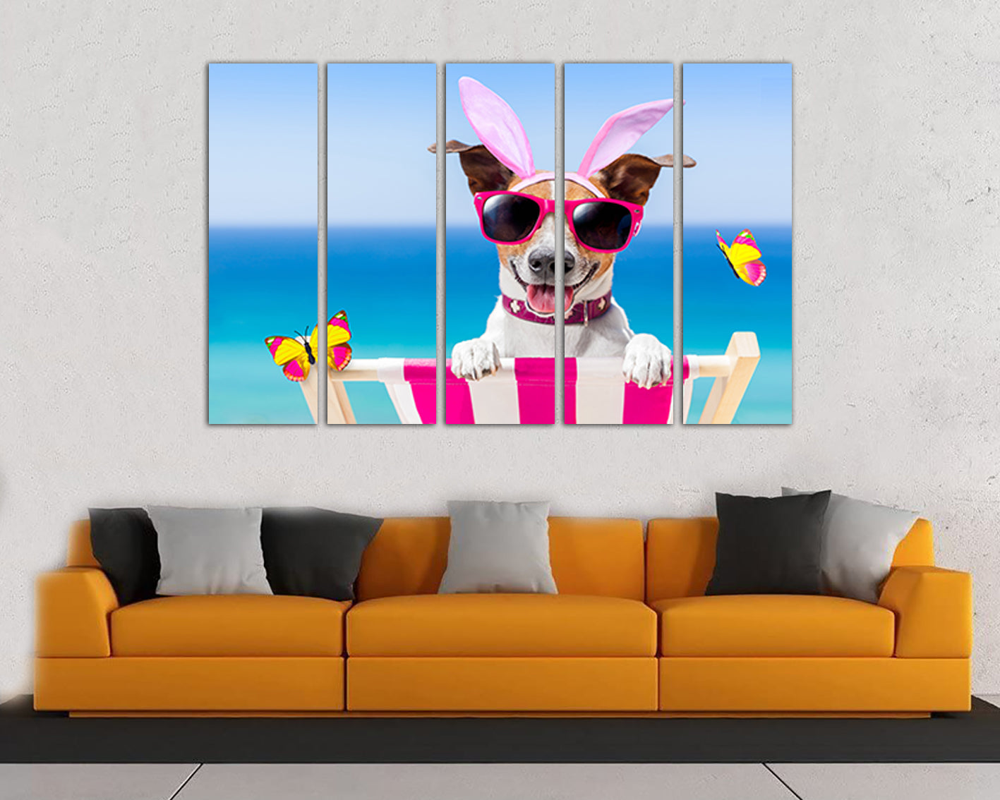 Dog on beach with glasses Wall art canvas Nursery decor Baby print Wearing glass