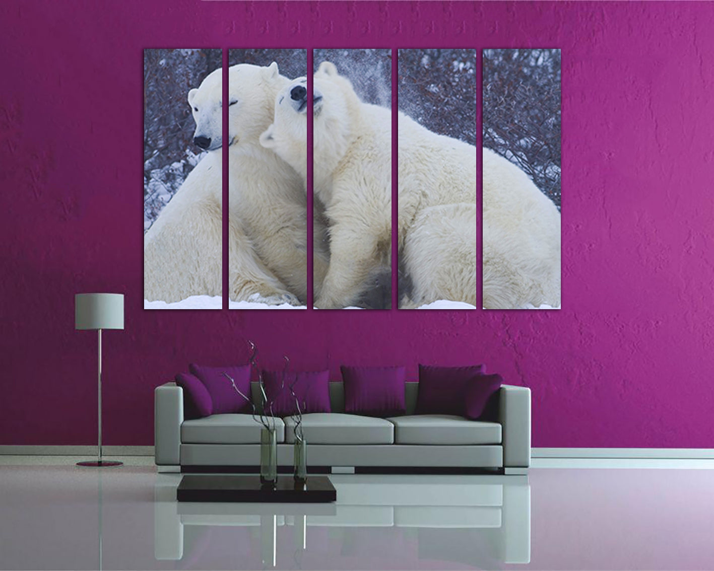 Animal print on canvas White bear hugging in the snow wall art