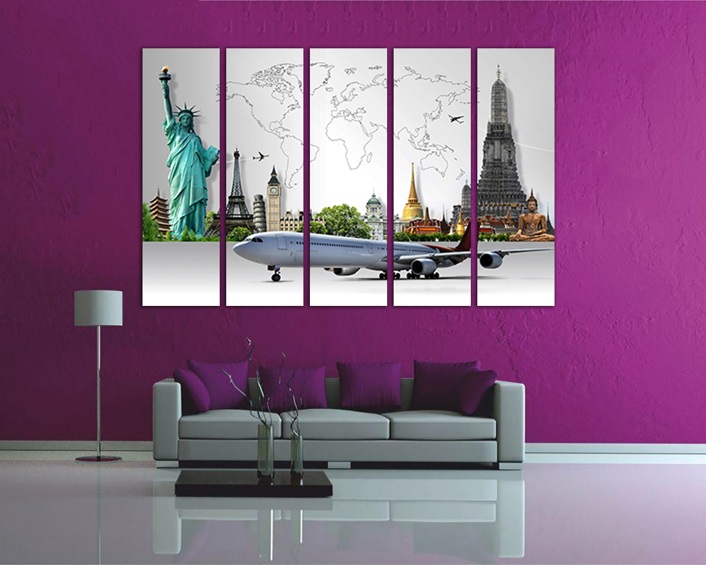 Map of travel by plane around the world on canvas ready to hang