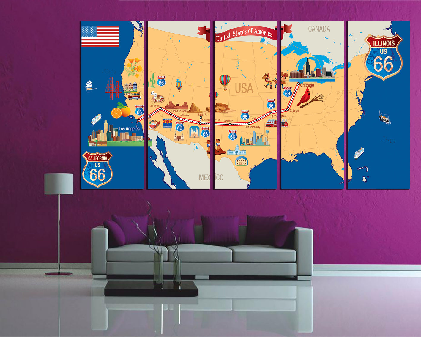 Route 66 map canvas American map picture Route 66 sign ready to hang