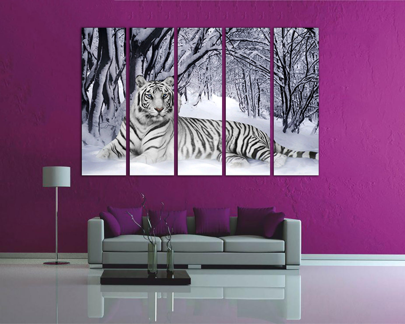 White tiger canvas Animals decor Winter landscape Nursery print Wild life wall art