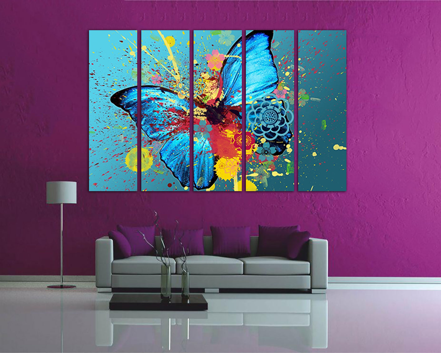 Wall art canvas abstract multicolored butterfly in a splash of paint Ready to hang