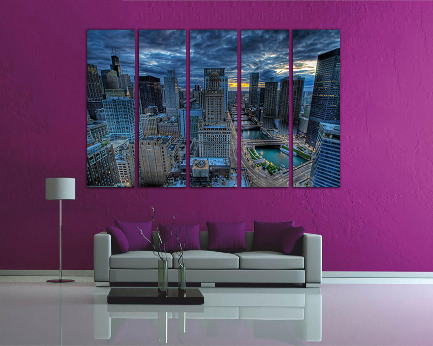 Panel wall art Chicago canvas Skyline city decor Downtown travel print