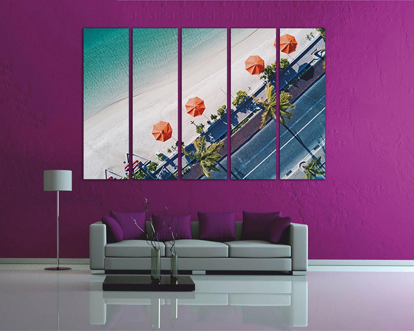 Beach umbrella canvas Landscape artwork Palm trees wall art Trees décor Nature print Waves photo