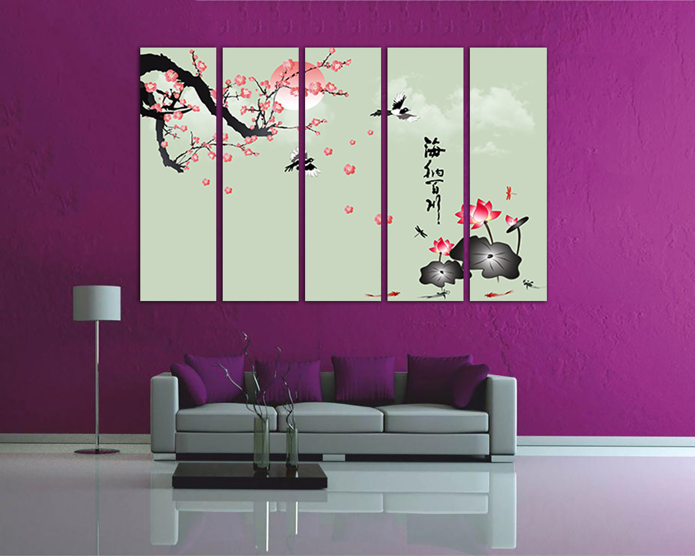Cherry blossom wall art canvas Lotus flower decor Sakura print Floral Japan artwork