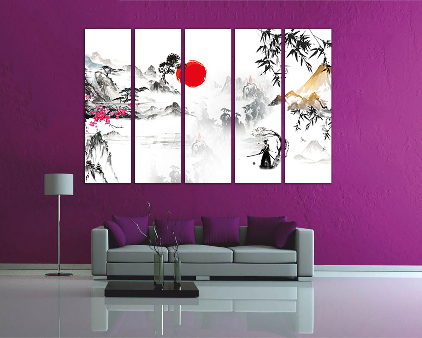 Mountain Japan canvas Sakura art works Sumi e Chinese print Japanese traditional Samurai miniature Bamboo Flower gift