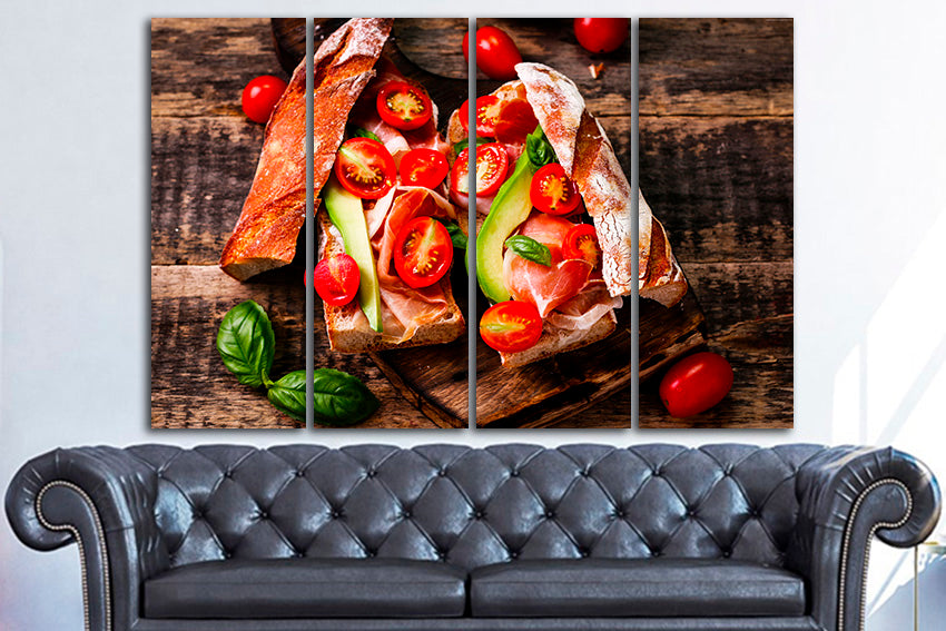 Sandwich canvas Vegetables print Bread photo Tomato Kitchen wall decor Colorful Tasty food art