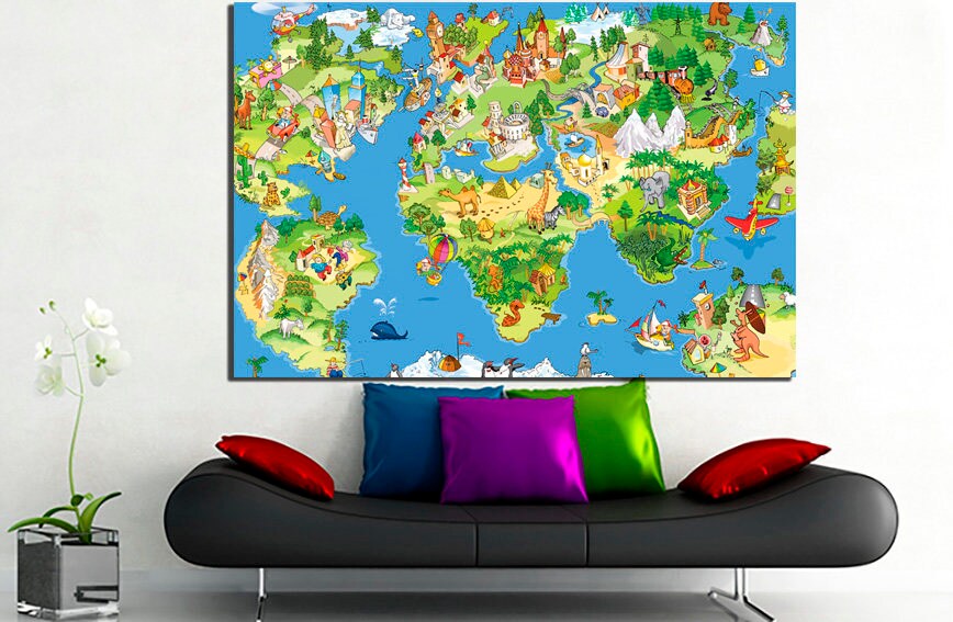Large world Children's map canvas School decor Great Cartoon Funny map print