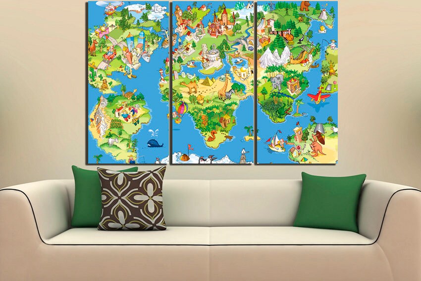 Large world Children's map canvas School decor Great Cartoon Funny map print