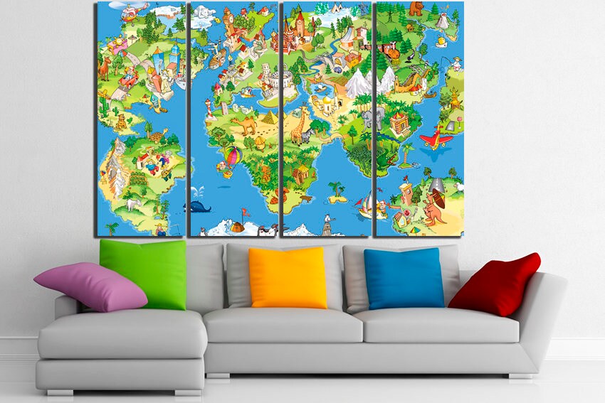 Large world Children's map canvas School decor Great Cartoon Funny map print