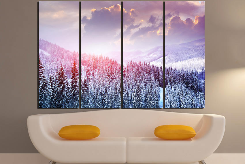Snow print Trees wall art Mountains decor Nature Forest canvas