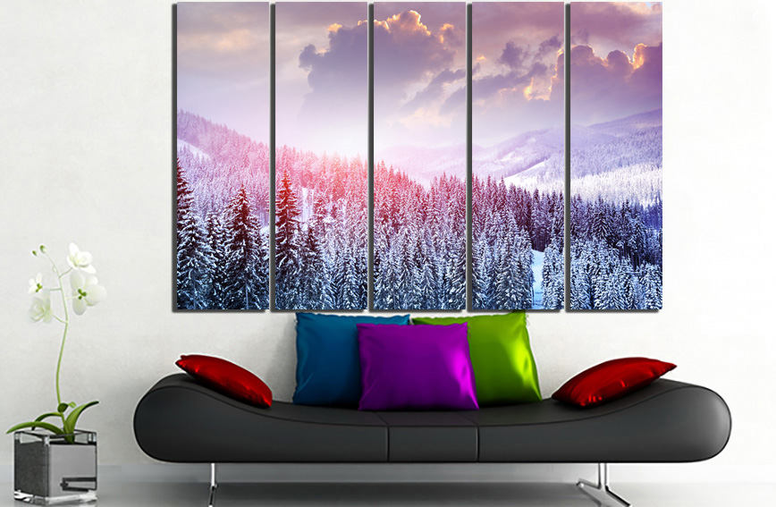 Snow print Trees wall art Mountains decor Nature Forest canvas