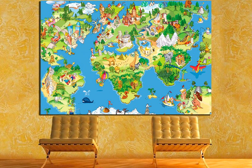 Large world Children's map canvas School decor Great Cartoon Funny map print