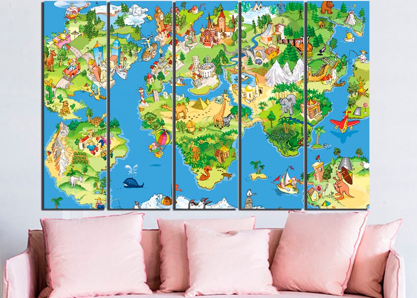 Large world Children's map canvas School decor Great Cartoon Funny map print