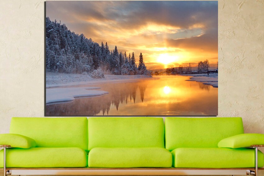 Winter forest wall decor Lake print Nature art Sunrise photo